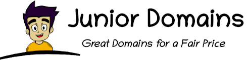 Junior Domains logo. Drawing of a Smiling Junior with purple hair. On the right, you can read 'Junior Domains: Great Domains for a Fair Price'.